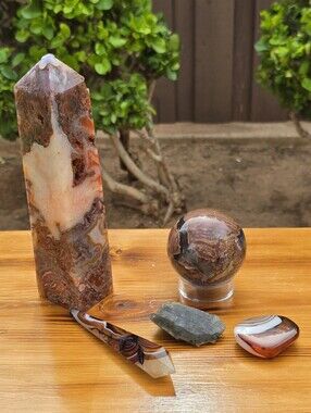 Red Moss Agate Tower and Sphere Set -Warm Brown & Cream Swirls